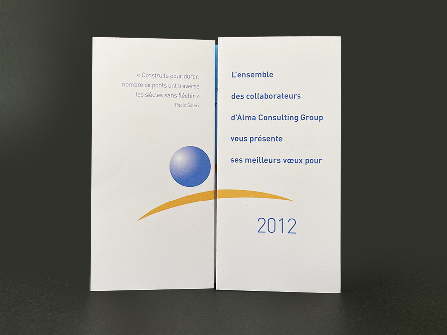 Carte-de-voeux-Alma-Consulting Création de cartes de voeux papier sur-mesure créative avec découpe et pliage original